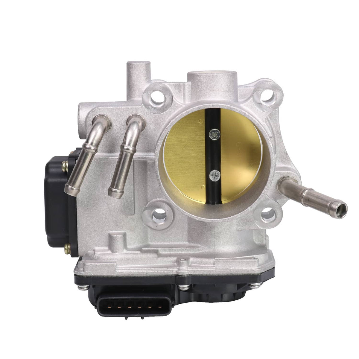 Electronic throttle body side view with silver body, gold throttle bore, two metal inlet tubes
