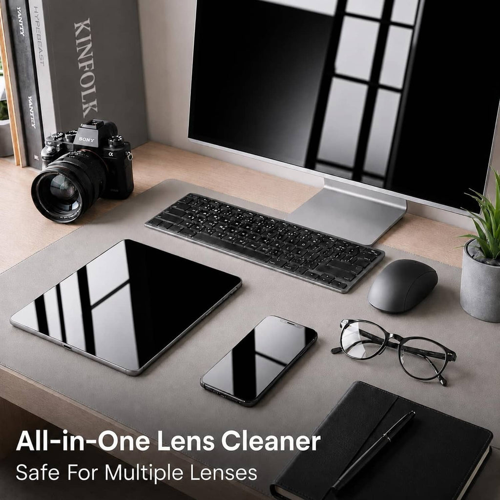 All-in-one lens cleaner kit with spray bottle and microfiber cloth