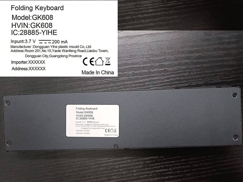 Foldable Bluetooth keyboard bottom panel with product label, dark gray.