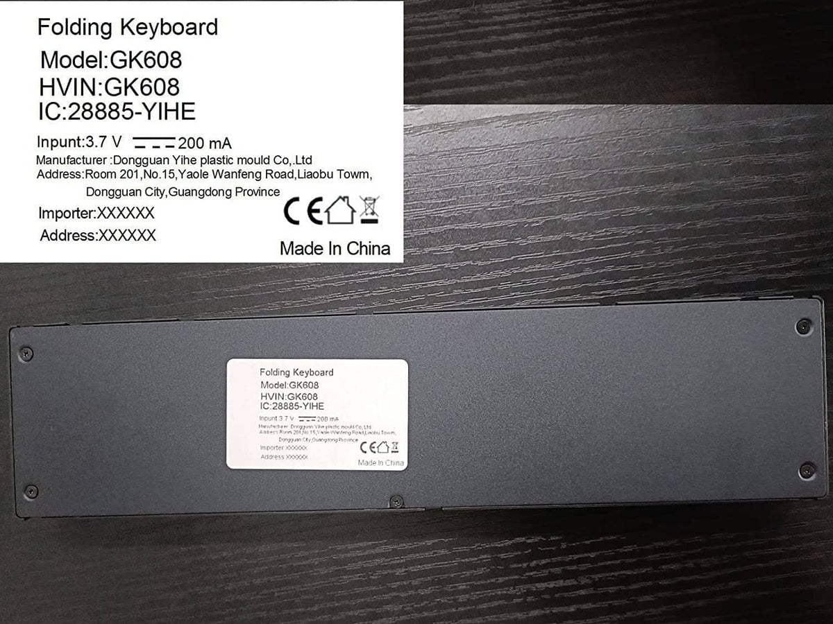 Foldable Bluetooth keyboard bottom panel with product label, dark gray.