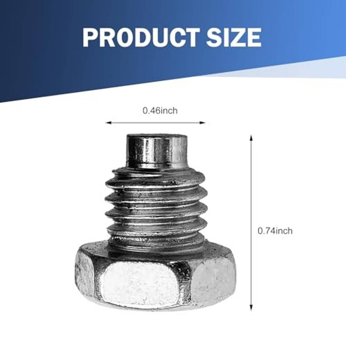 Hydraulic jack set screw, hex head with threaded rod, shown with size markings