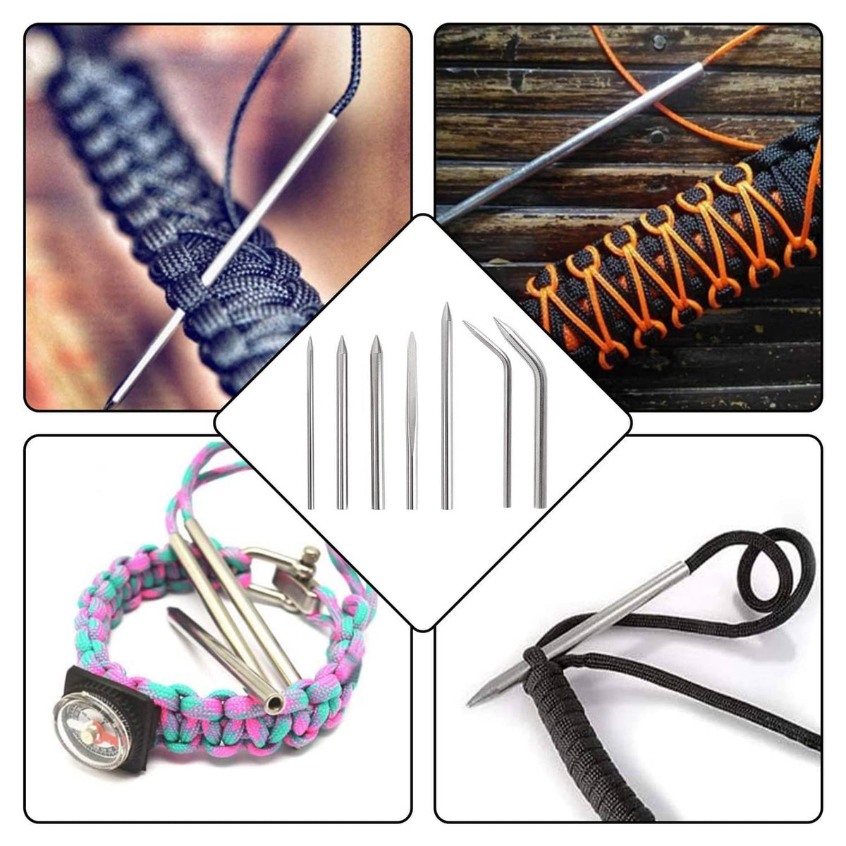 Paracord bracelet maker with metal pin tools and colorful braided bracelets