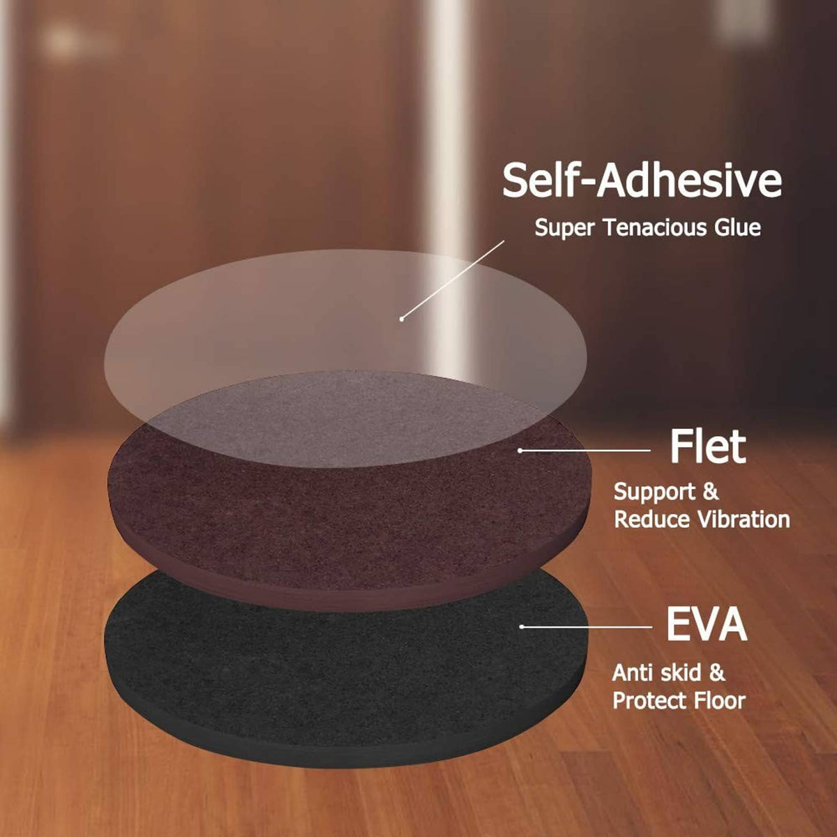 Self-adhesive round floor protection pads with layered EVA and felt, dark gray discs