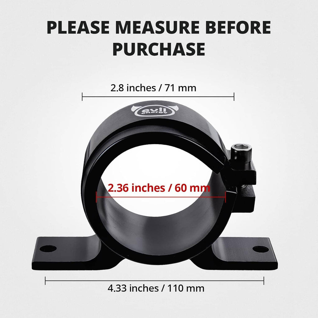 Black 60mm fuel filter mounting bracket with circular clamp and two-hole base