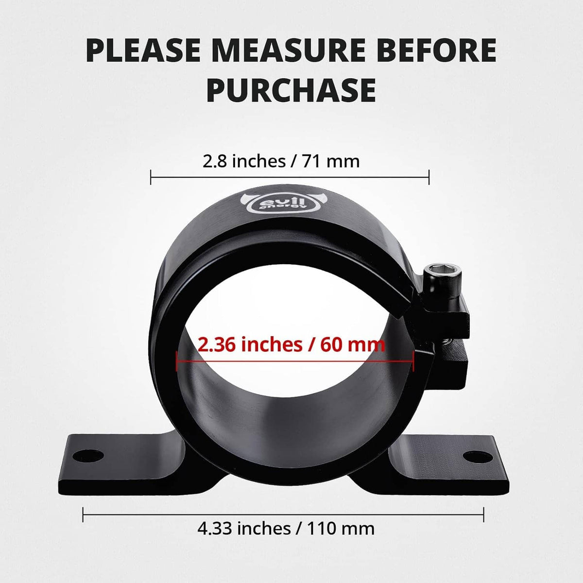 Black 60mm fuel filter mounting bracket with circular clamp and two-hole base