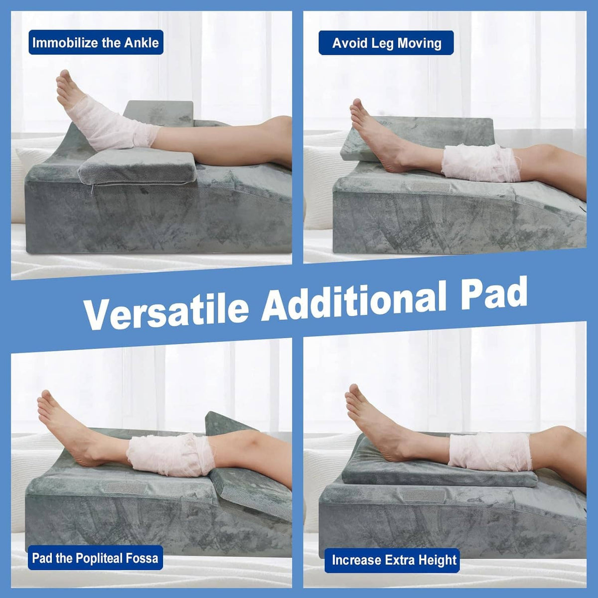 Gray leg elevation pillow with removable additional pad for extra support