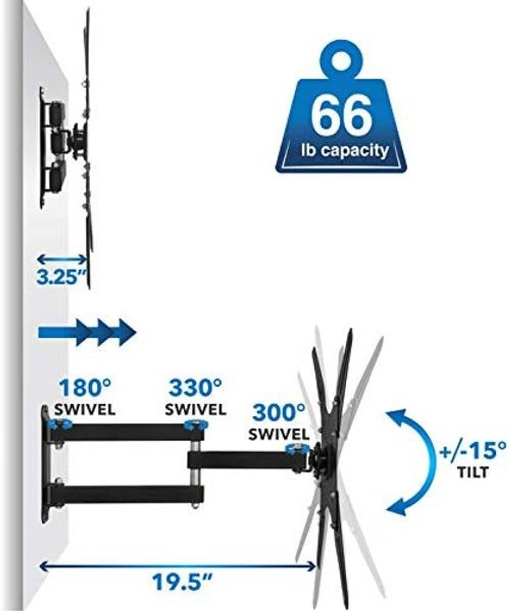 TV wall mount with adjustable tilt, swivel rotation and range measurement graphic