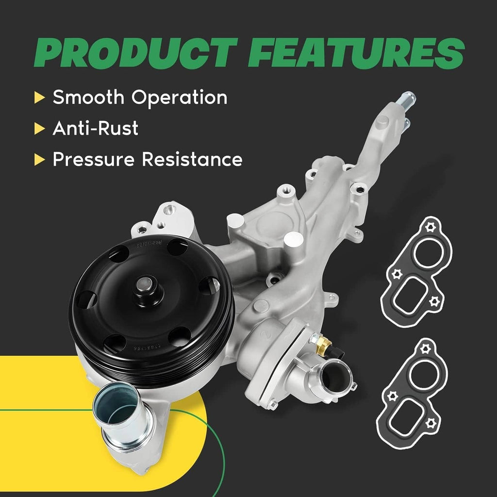 Water pump with thermostat, black pulley and gray housing with gasket set