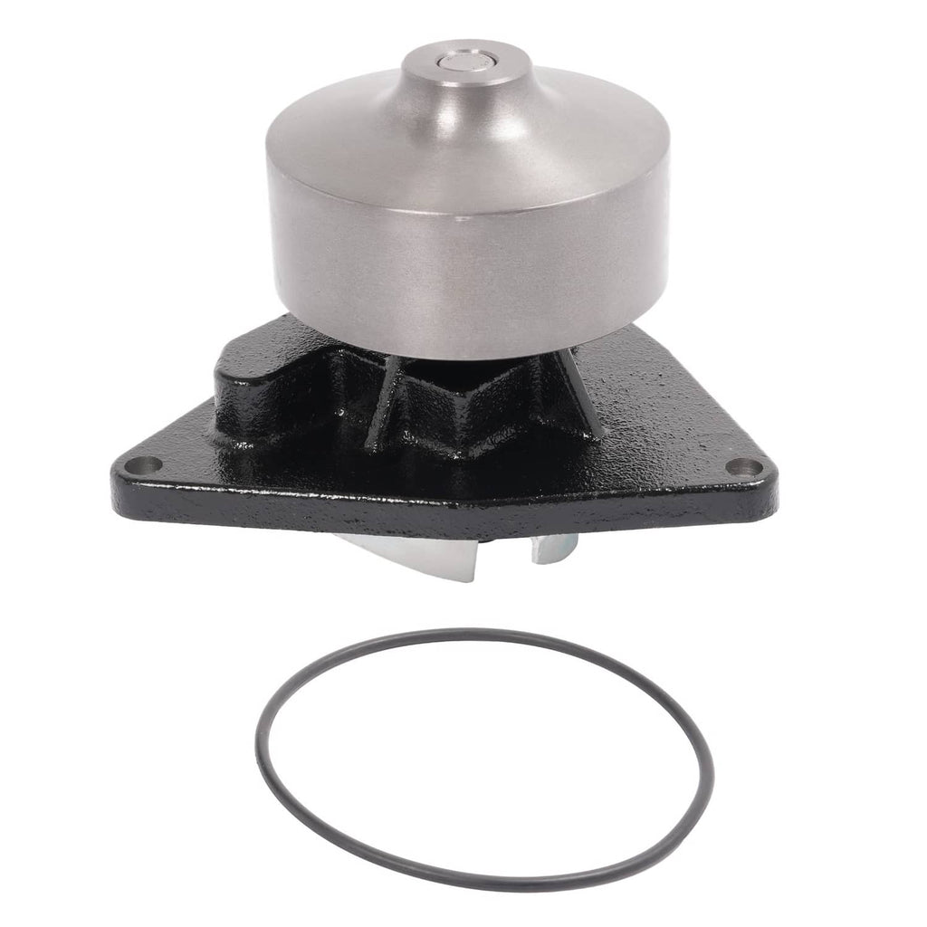 Water pump assembly with black mounting base, silver housing, and seal ring