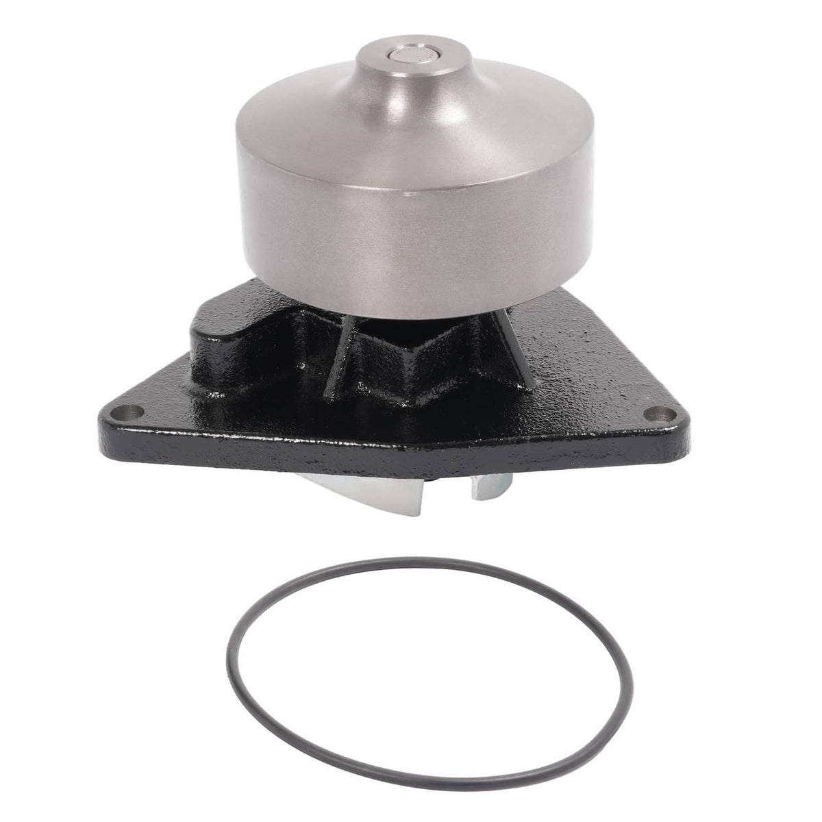 Water pump assembly with black mounting base, silver housing, and seal ring
