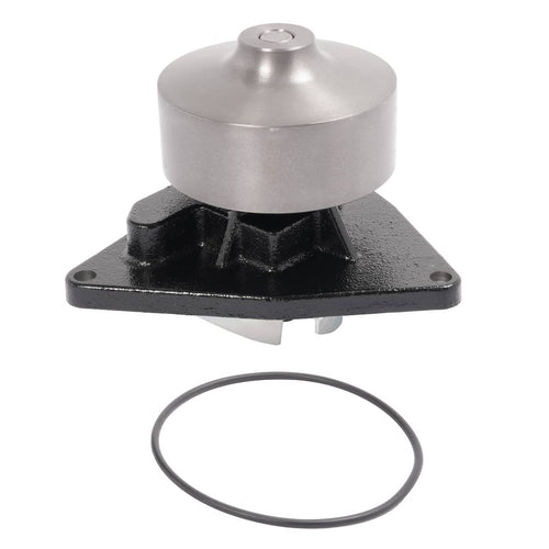 Water pump assembly with black mounting base, silver housing, and seal ring