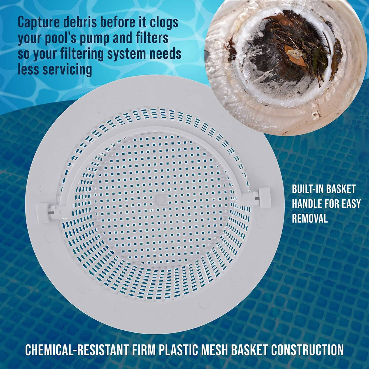 White plastic mesh skimmer basket with built-in handle for easy removal