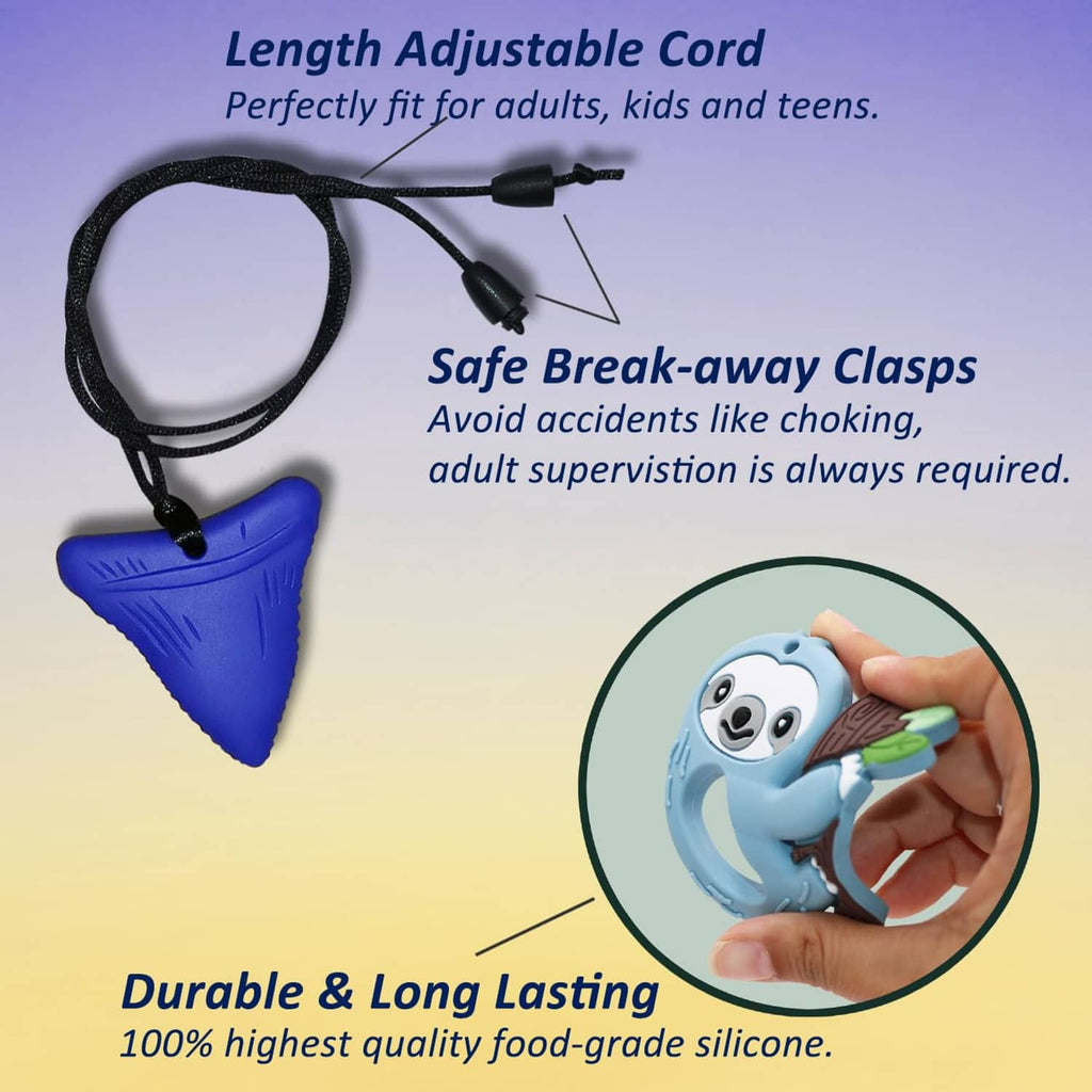 Black adjustable cord with blue silicone triangle and sloth chew pendants