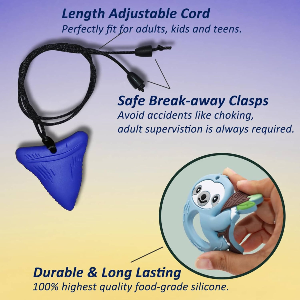 Black adjustable cord with blue silicone triangle and sloth chew pendants