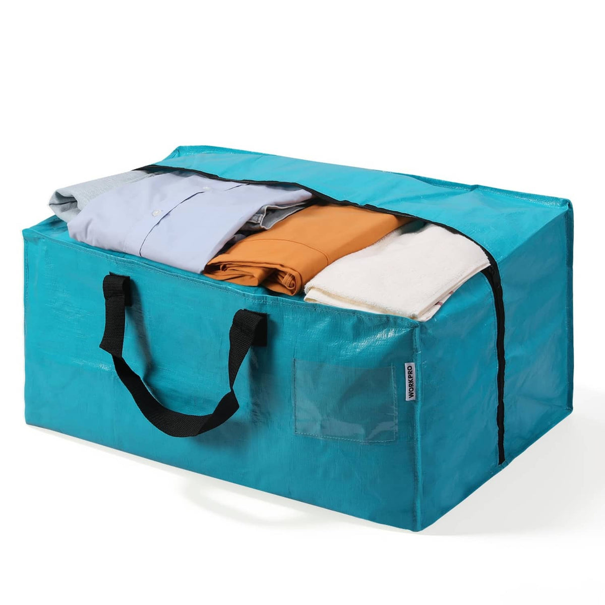 Turquoise extra-large moving bag with black handles and backpack straps, open top