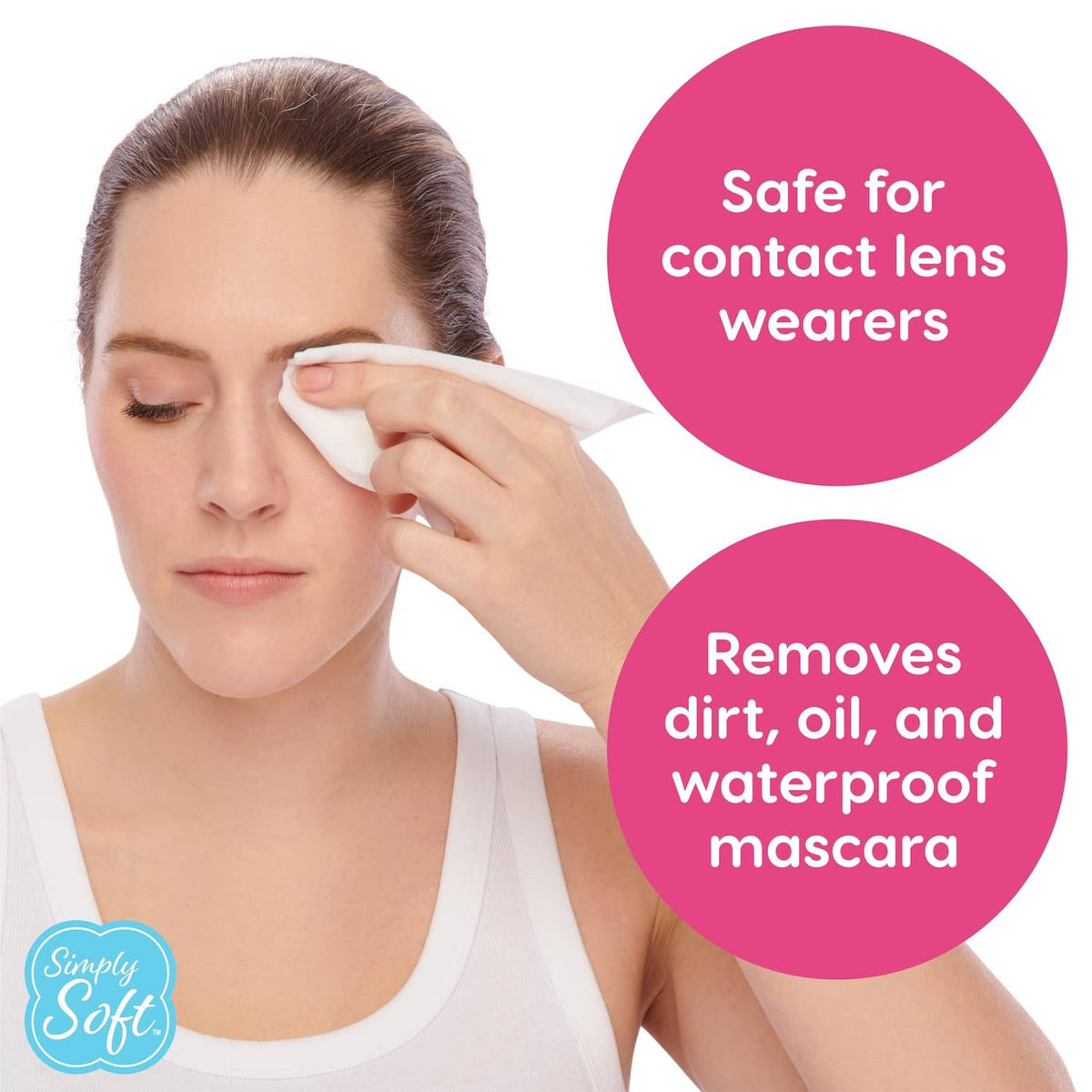 Simply Soft makeup remover towelettes, wipe applied near eye with red packet