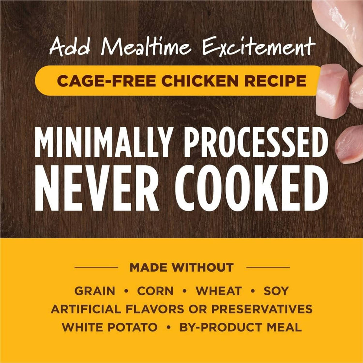 Cage-free chicken freeze-dried dog food topper carton panel: minimally processed, never cooked