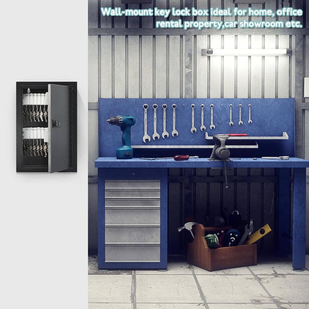 Wall-mounted key lock box cabinet with door closed