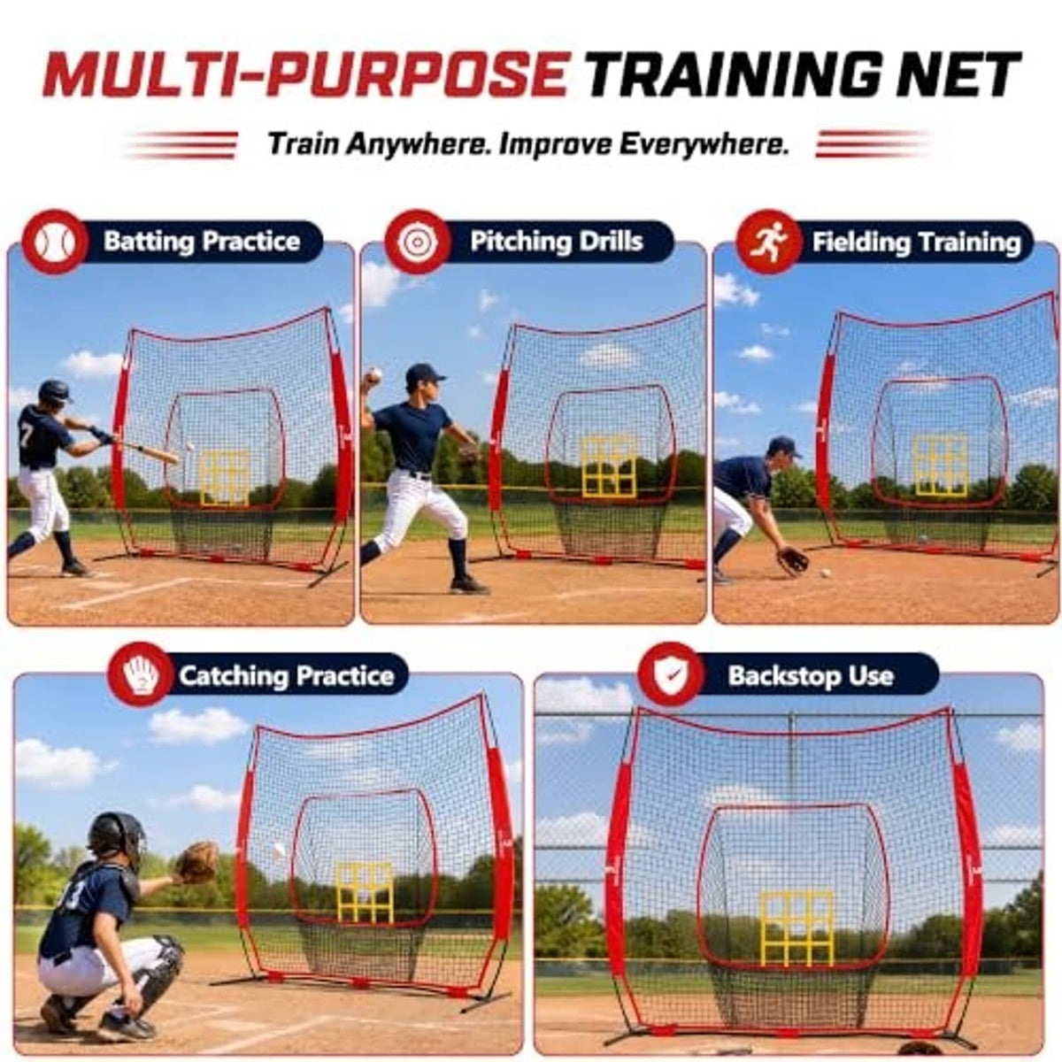 Multi-purpose baseball training net with red frame, white mesh, and yellow target window.