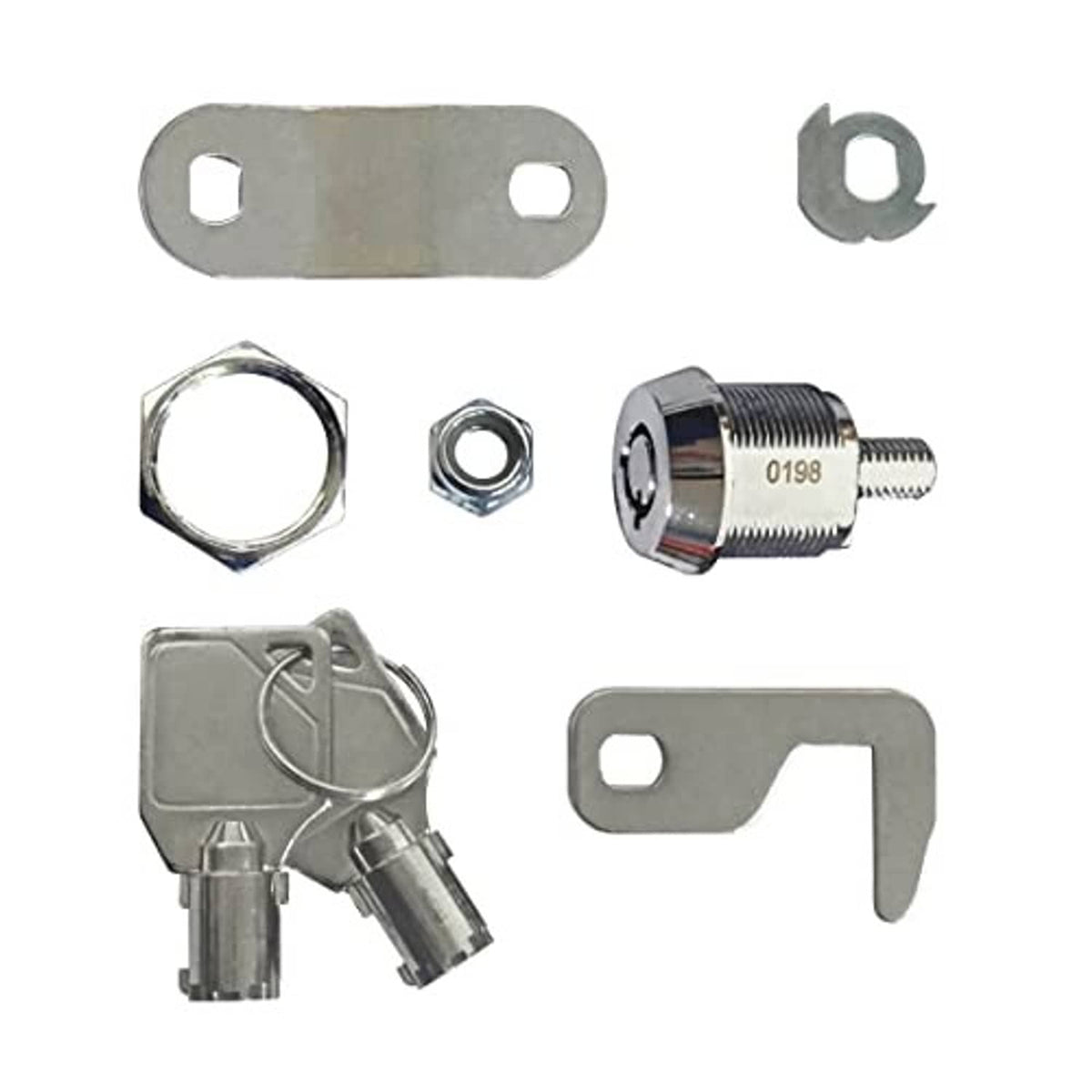 Toolbox cam lock set with mounting plate, hardware, and two keys