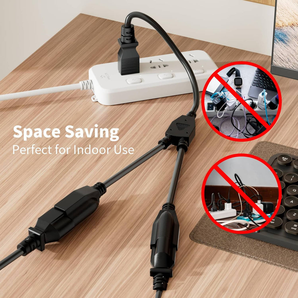 Black 3-prong Y-split power extension cord with two grounded plugs and cable