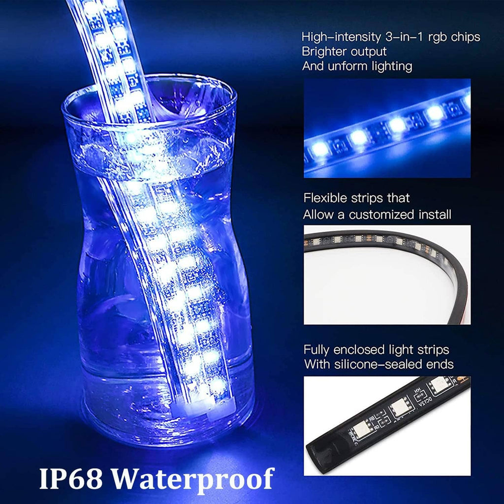 IP68 waterproof motorcycle LED underglow light strip with sealed segments glowing blue