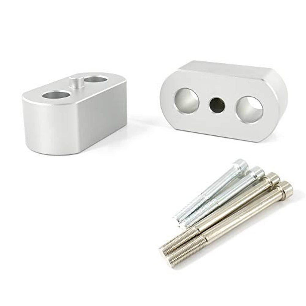 Silver motorcycle handlebar riser pair with mounting screws and hardware