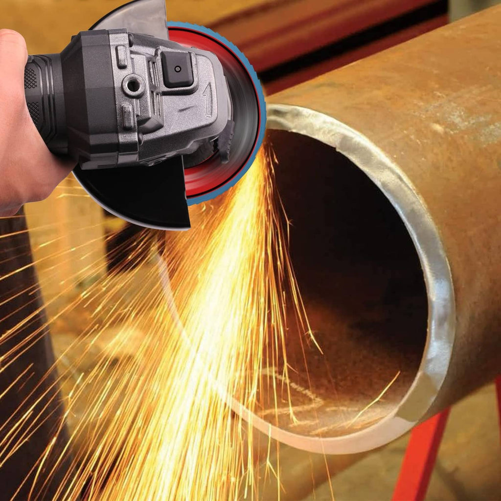 Blue flap sanding disc grinding metal, throwing bright sparks from the wheel