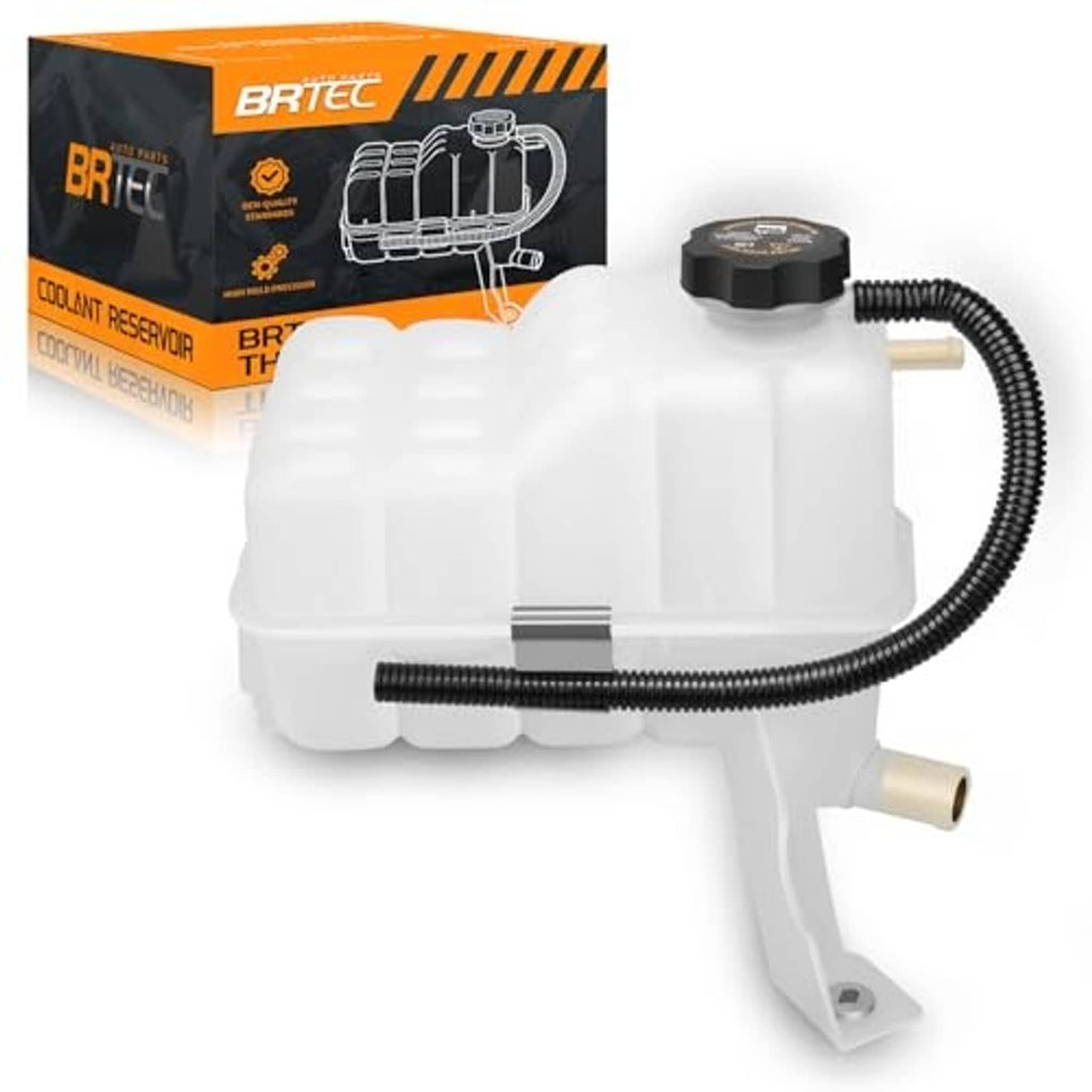 White coolant overflow recovery reservoir tank with black cap, hoses, and outlet ports