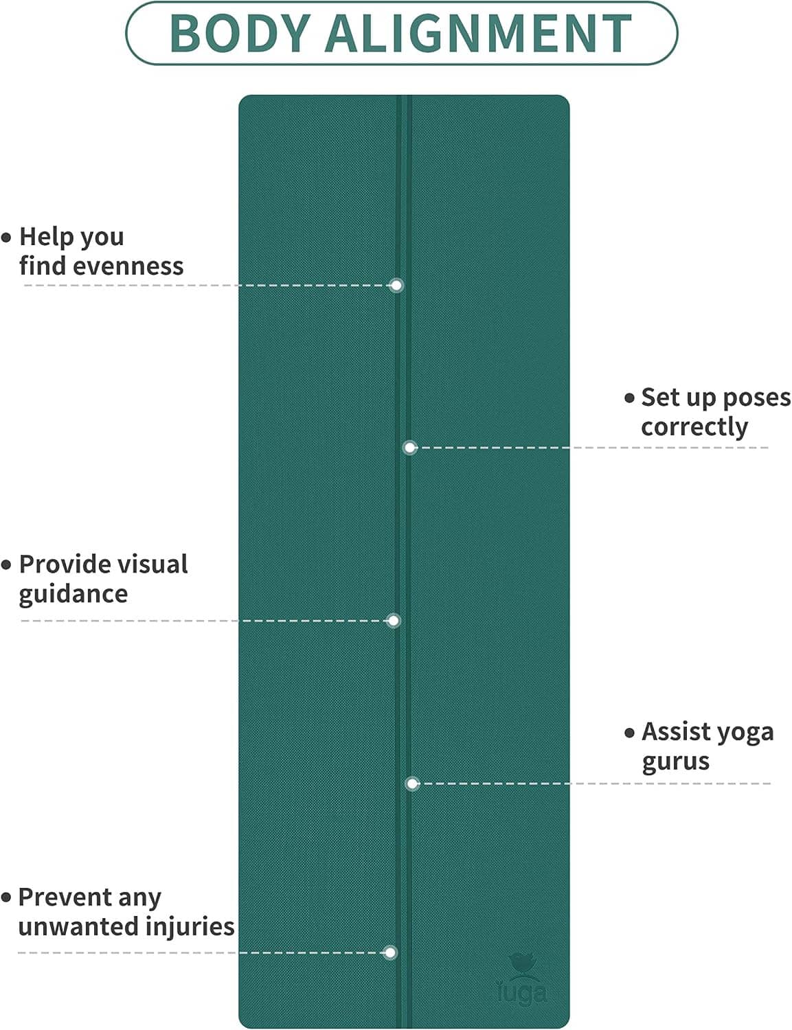 Teal yoga mat featuring a center alignment line for guided body positioning
