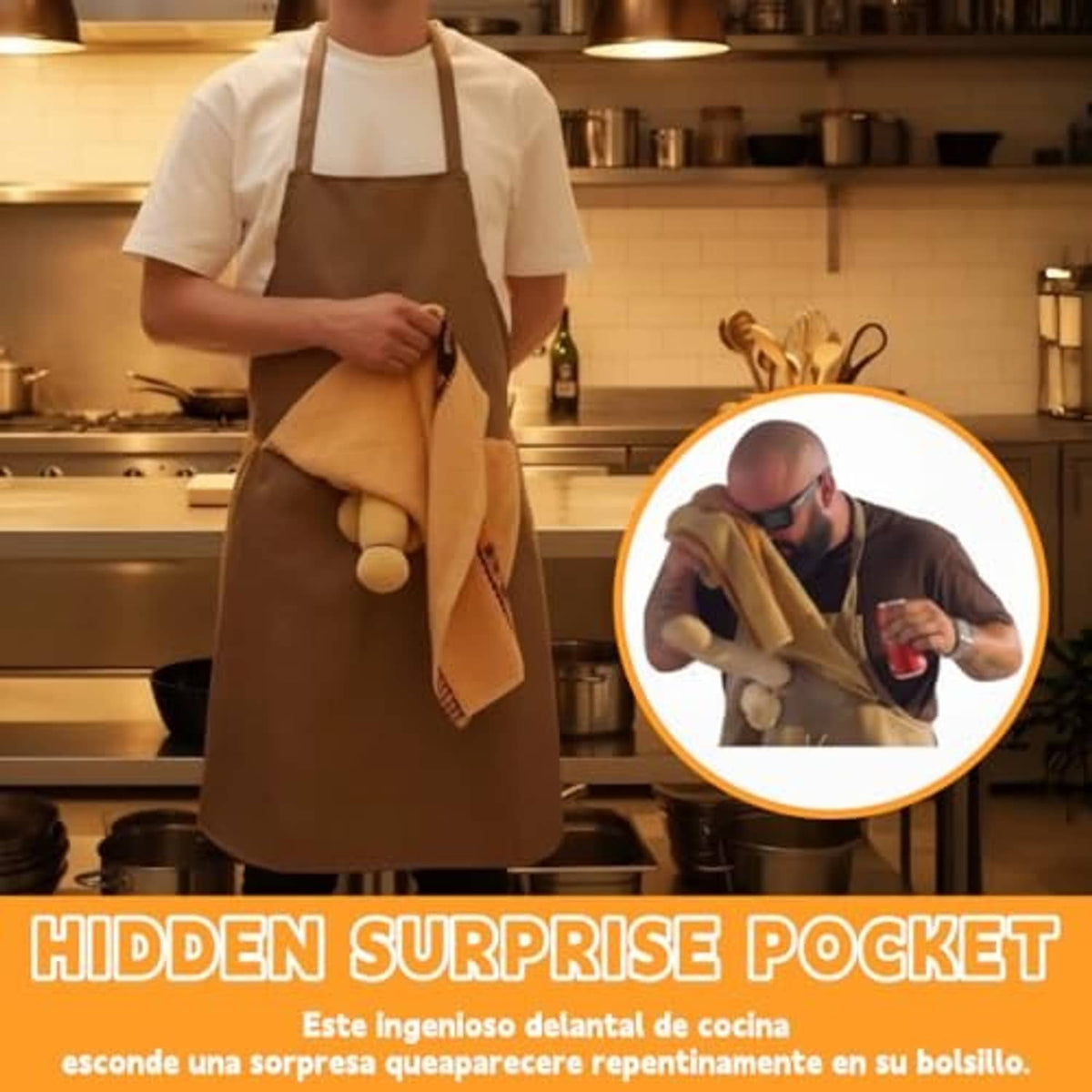 Brown apron with large square front pocket and beige panel, worn in kitchen