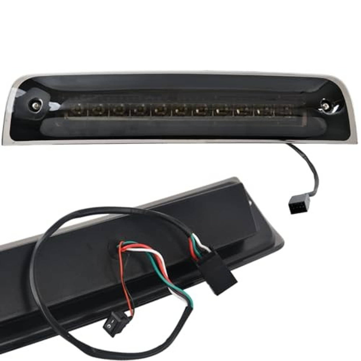 LED third brake light bar with clear smoked lens and mounting screws, with wiring harness