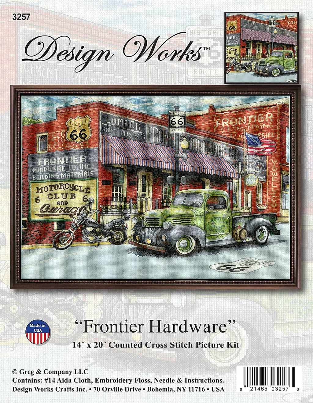 Cross stitch kit packaging showing framed vintage car scene and kit instructions