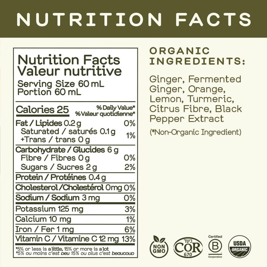 Nutrition facts label for organic fiery ginger immunity shot with serving and ingredient details