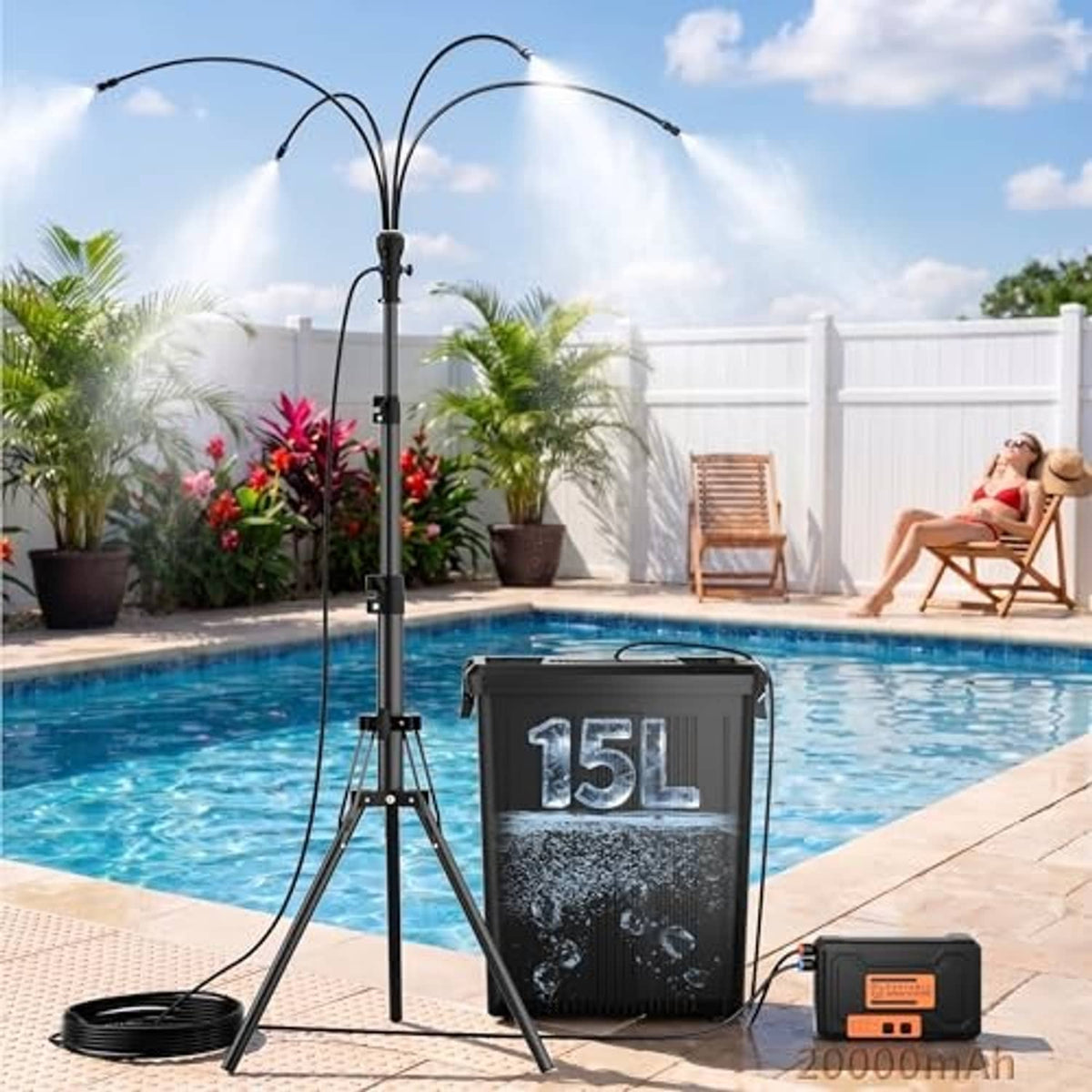 Outdoor standing mist cooling system with black mist stand, 4-gallon bucket, controller