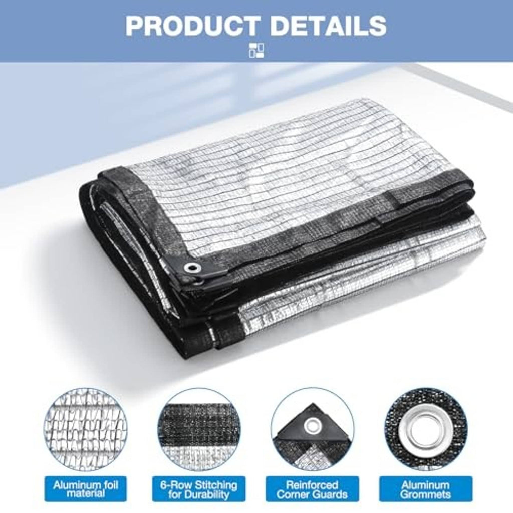 Folded silver aluminet shade cloth with black reinforced corners and aluminum grommets