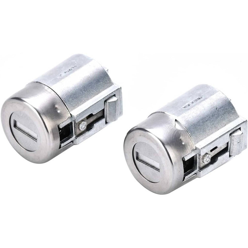 Door lock cylinder pair with silver metal housings and key slots