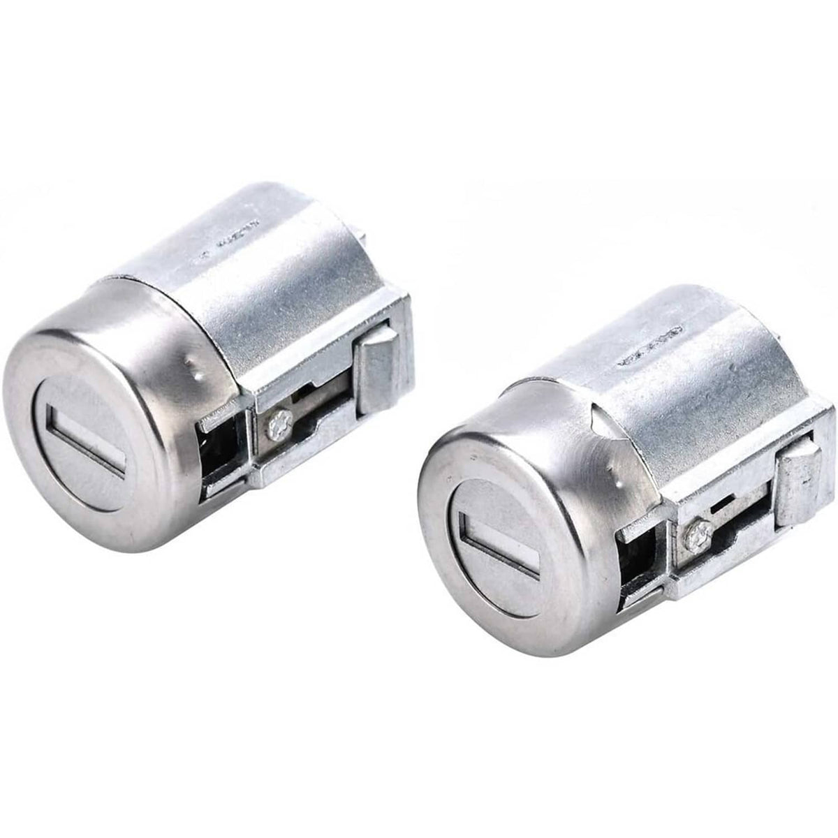 Door lock cylinder pair with silver metal housings and key slots