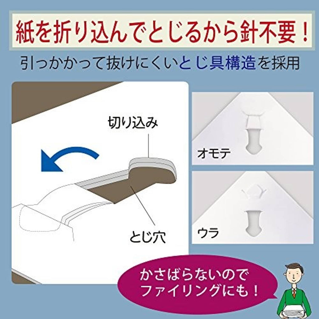 Stapleless stapler use diagram showing how to press paper edge for clipping