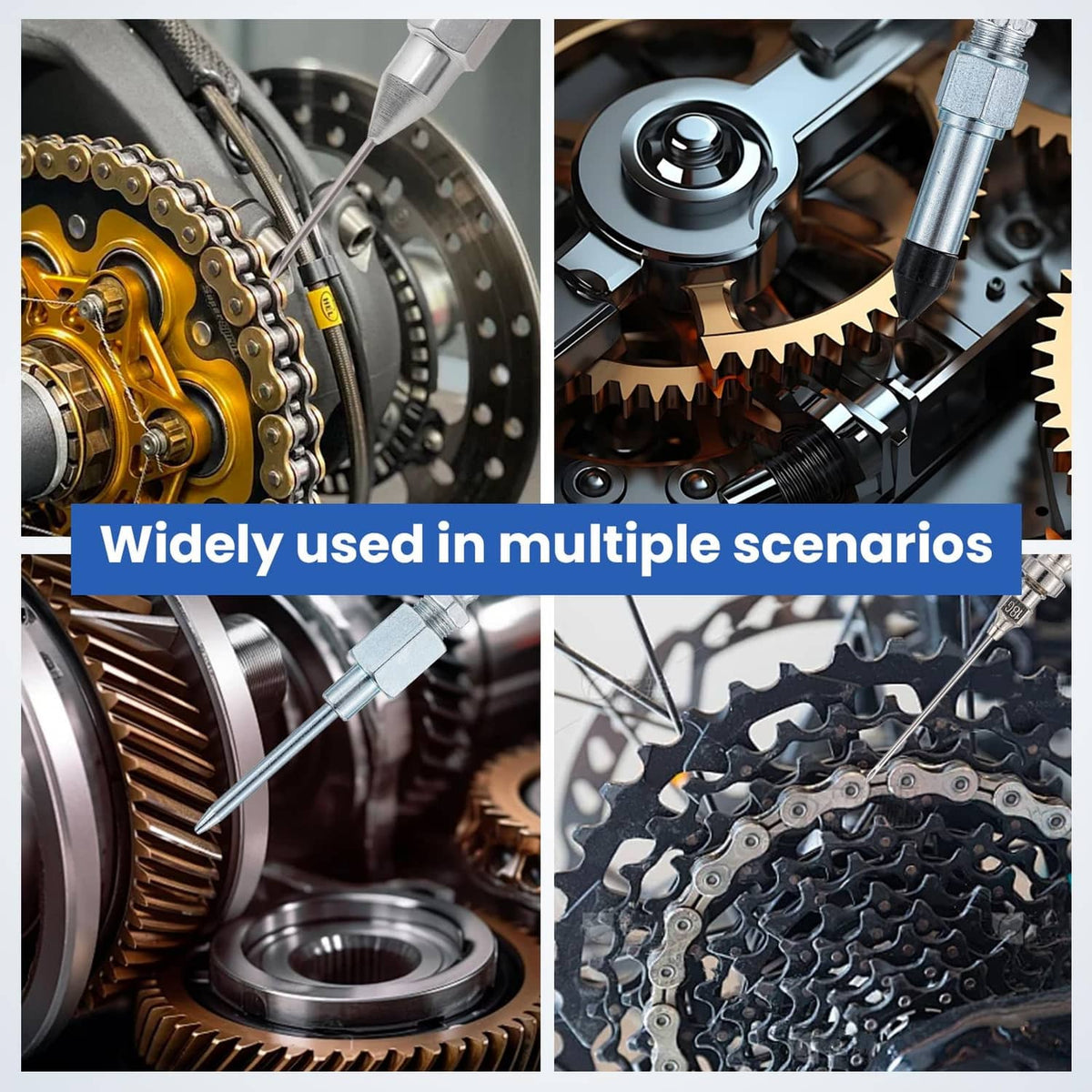Grease nozzle needle tips inserted on vehicle and machine parts near gears