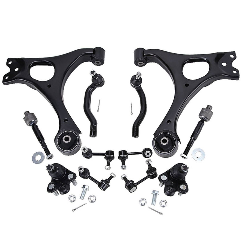 Front suspension parts set with black control arms, ball joints, tie rods, and bolts