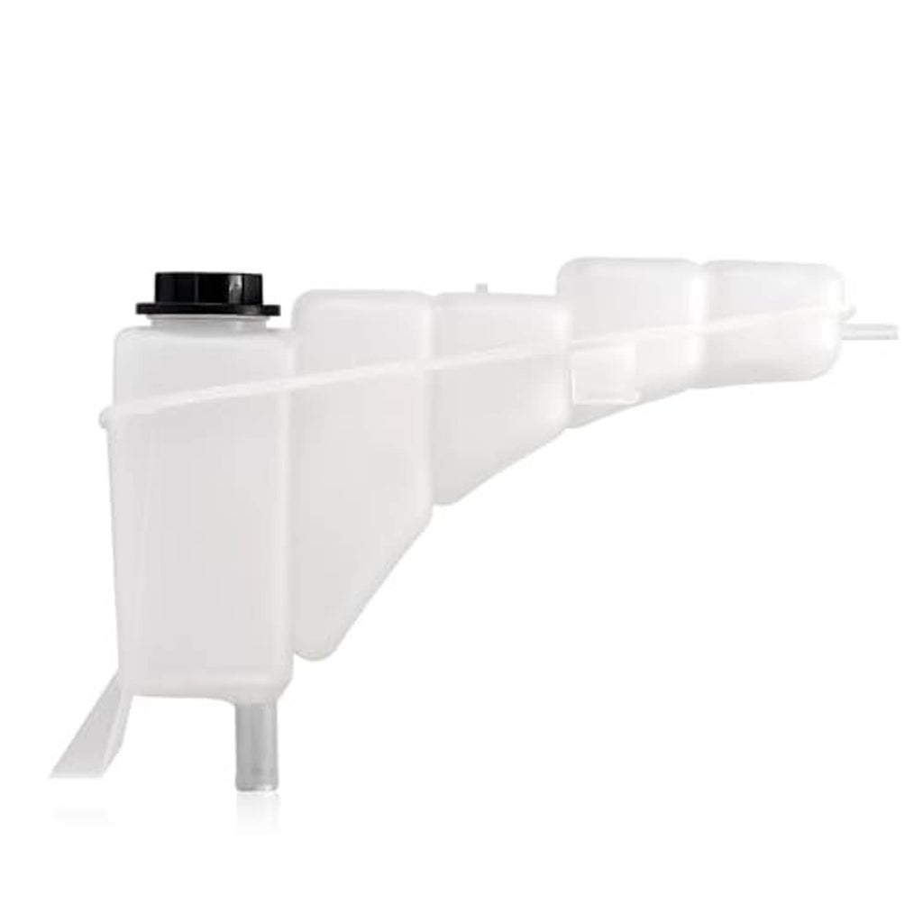 White coolant expansion overflow tank with black cap and connecting hose outlet