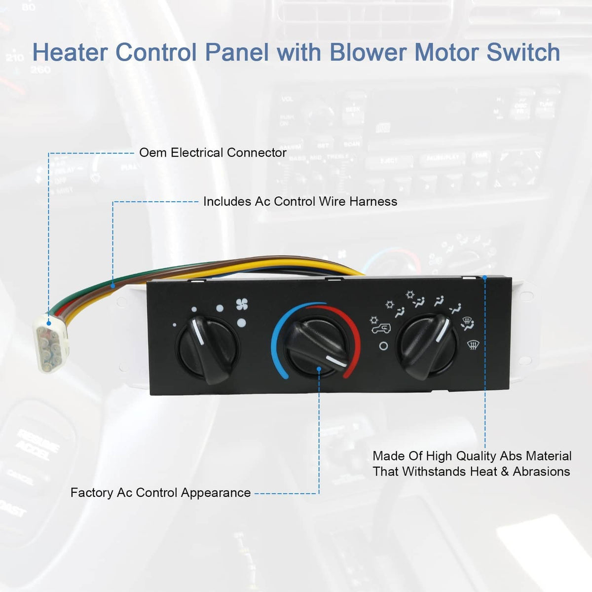 HVAC heater control panel switch with blower motor controls and three black dial knobs