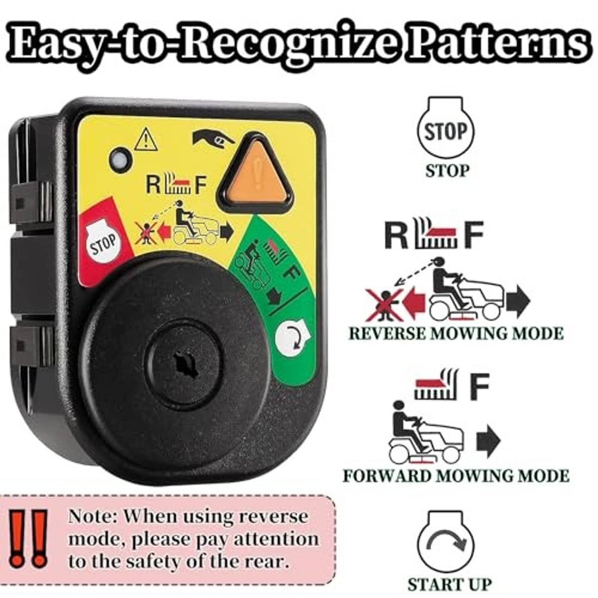 Ignition switch module with key and dashboard label showing reverse, forward, and stop