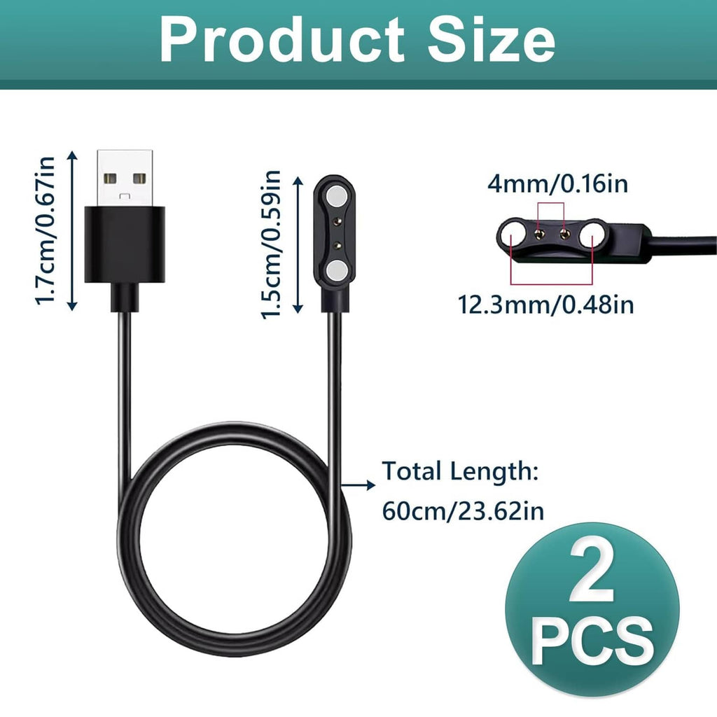 Two magnetic smartwatch charging cables, USB-A to 2-pin 4mm magnetic connector, 60cm