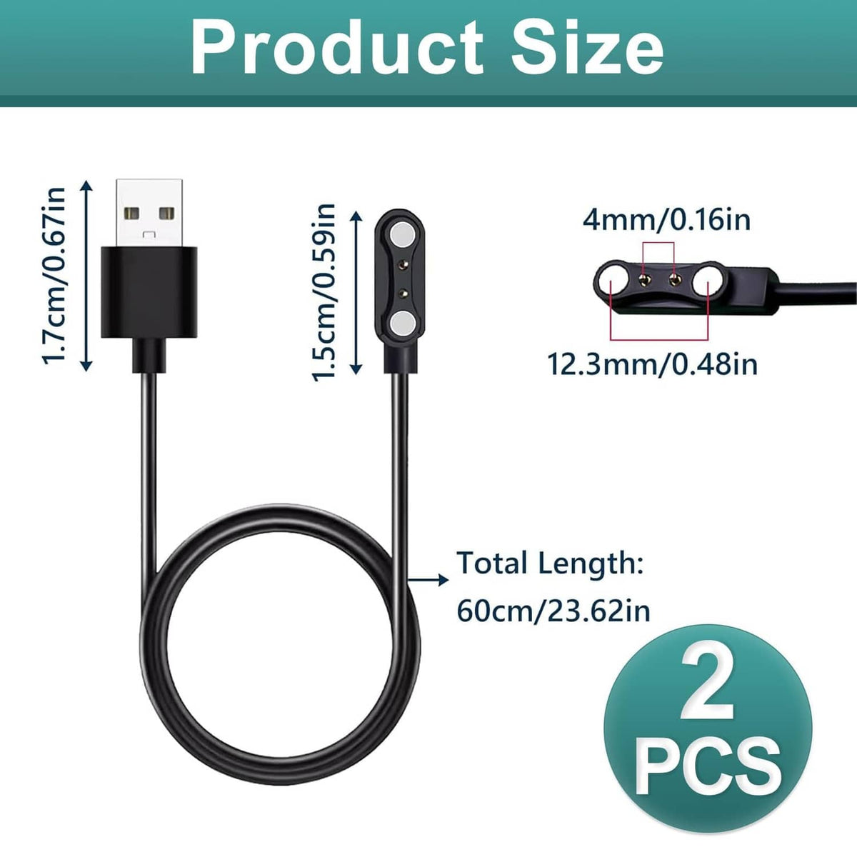 Two magnetic smartwatch charging cables, USB-A to 2-pin 4mm magnetic connector, 60cm