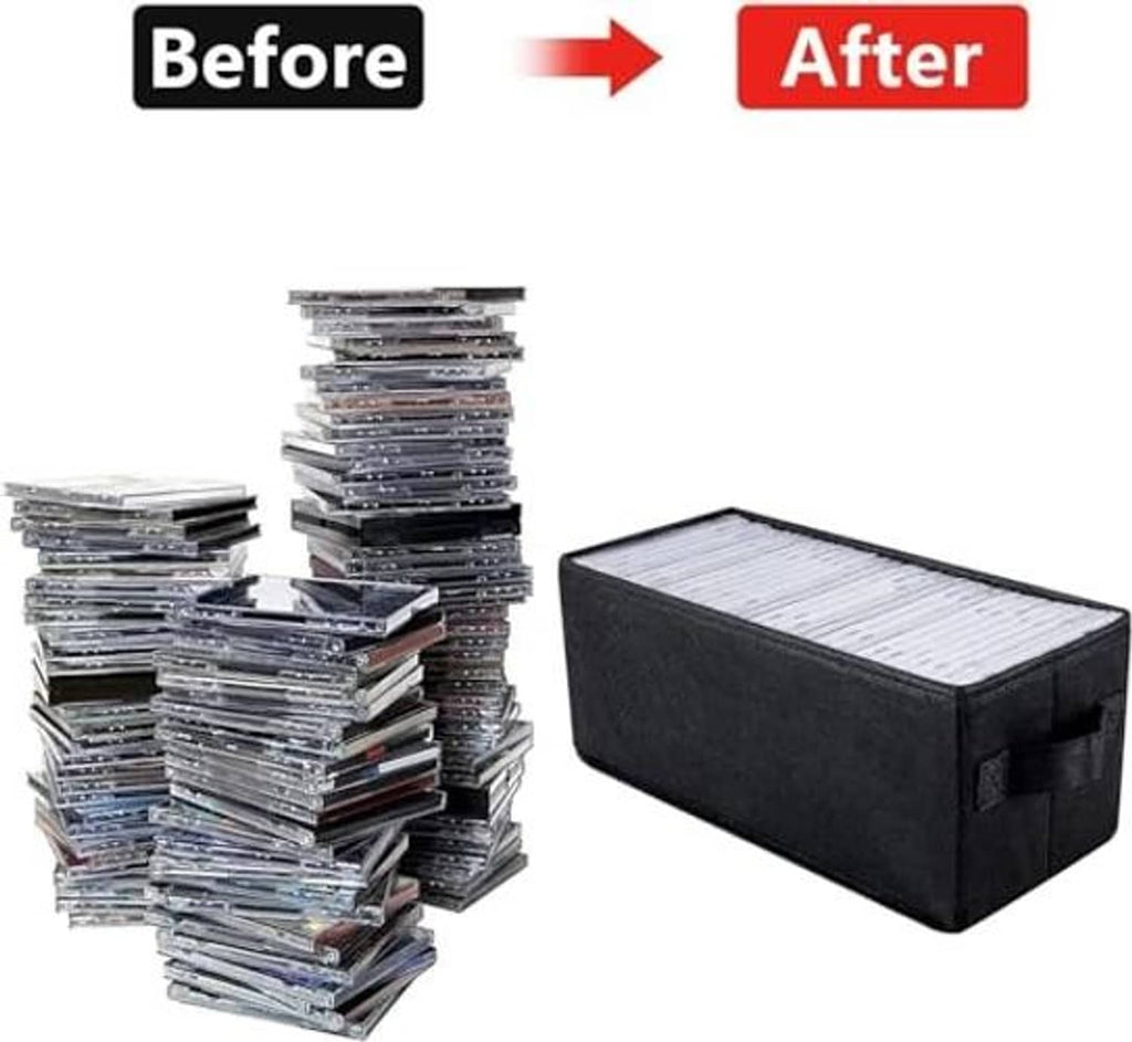 Black foldable CD storage box with hinged lid and empty padded interior for disc storage