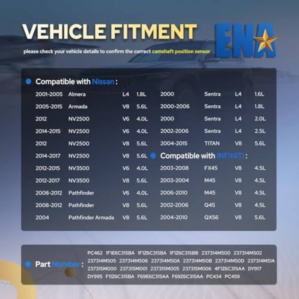 Camshaft position sensor vehicle fitment chart with compatibility list