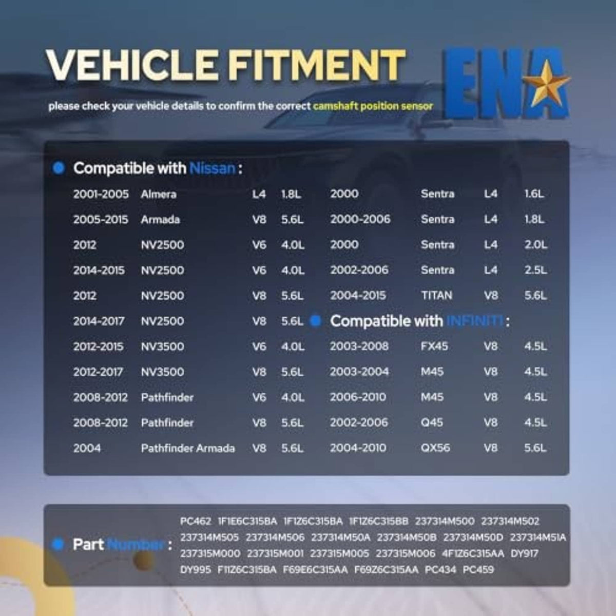 Camshaft position sensor vehicle fitment chart with compatibility list