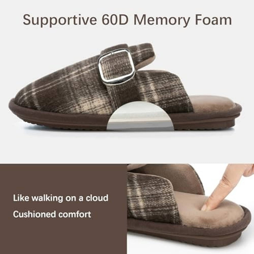 Plaid fuzzy slide slippers with buckle strap and supportive memory foam footbed
